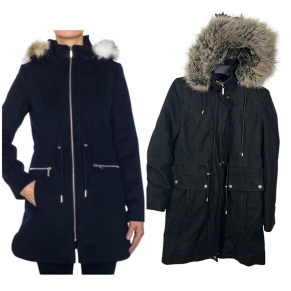 Laundry By Shelli Segal Black Wool Cargo Trench Coat with Removable Fur Hood 8 - Picture 1 of 13